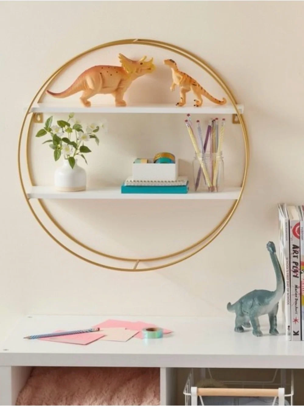 Pillowfort Gold Circular Metal Wall Shelf with White Shelves - NIB